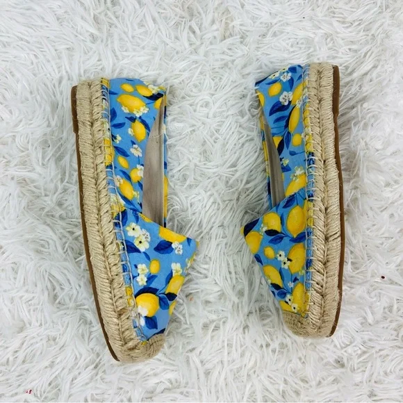 NWOT ANN TAYLOR blue & yellow lemon print tapestry summer espadrille shoes SZ 6 - Picture 8 of 17